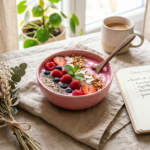 Bol de smoothie aux fruits rouges et graines pour synchroniser l'alimentation avec le cycle menstruel