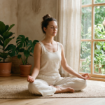 Femme en lotus pratiquant une technique de respiration pour calmer l'anxiété, lumière naturelle apaisante