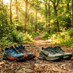 Marche rapide vs jogging sentier en forêt avec chaussures de sport au lever du soleil pour avoir une activité physique