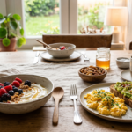 Petit-déjeuner protéiné équilibré avec skyr, œufs, avocat et fruits rouges sur table en bois