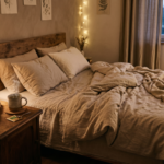 Routine du soir apaisante avec tisane et livre dans chambre en lumière tamisée