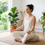 Personne pratiquant la méditation pour débutants assise en tailleur dans un intérieur lumineux